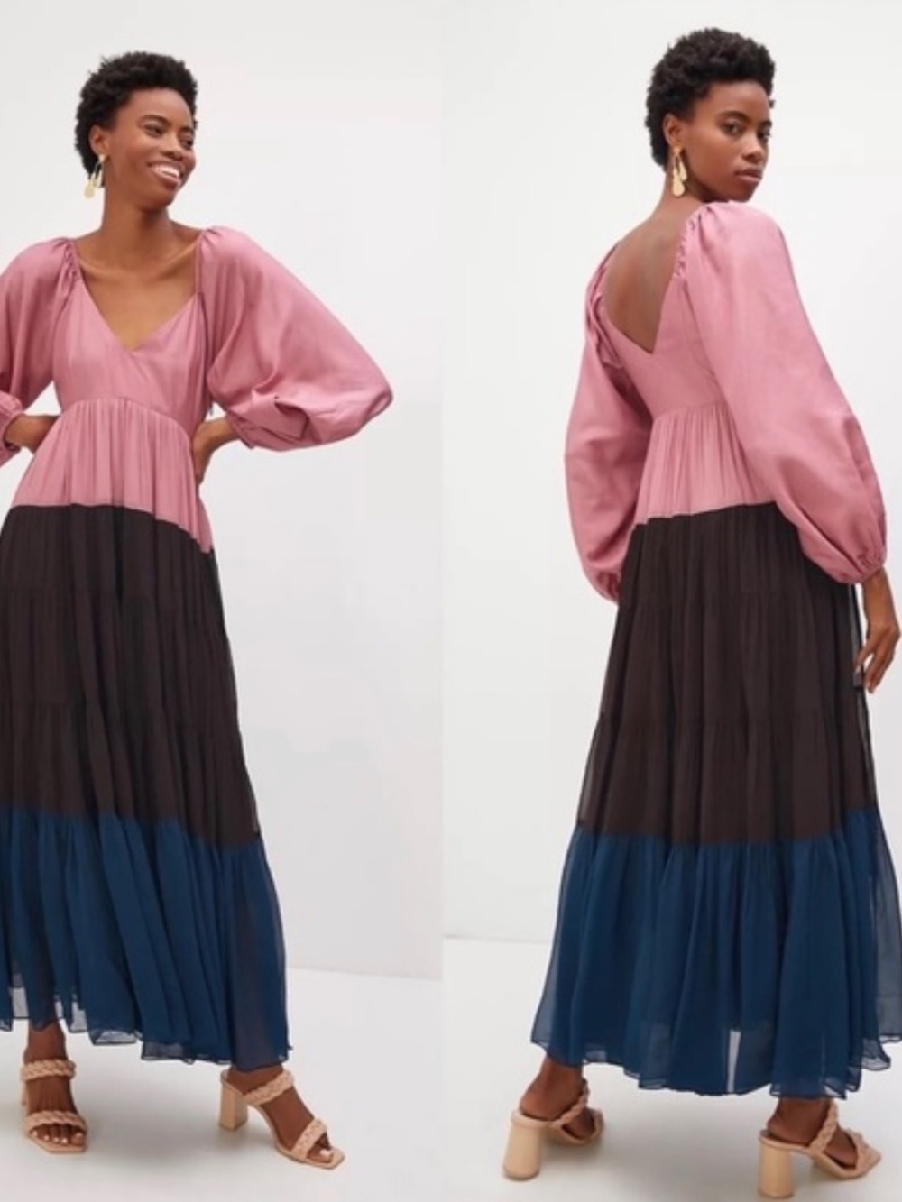 NWT Anthropologie Nirmooha Puff Sleeve Colorblock Maxi Dress Size Medium